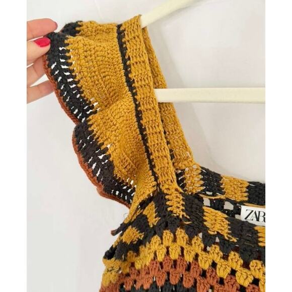 Zara boho crochet midi shift dress brown black orange Size S - Picture 4 of 7